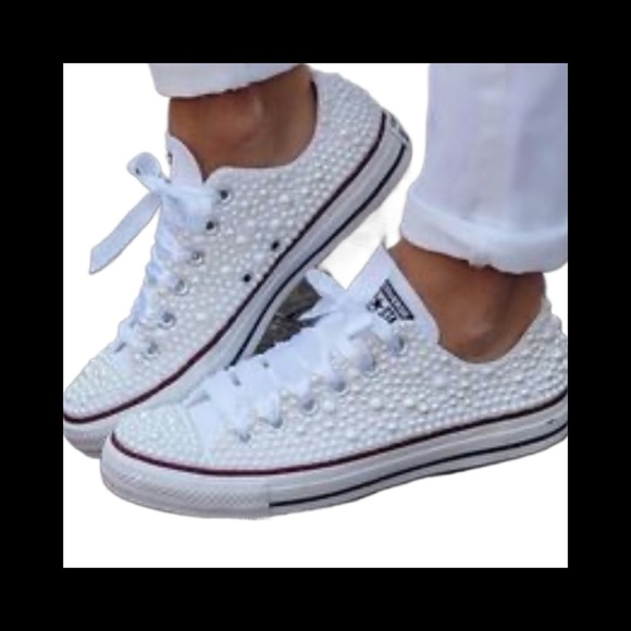 White Iridescent Pearls & Crystal Low Top Converse Sizes 5-14 New With Ribbons